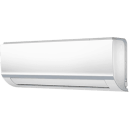 White wall-mounted air conditioner. It is rectangular with rounded edges, mounted on a wall.
