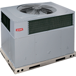 A gray Bryant rooftop HVAC unit with a fan on top and air intake grilles on the sides.