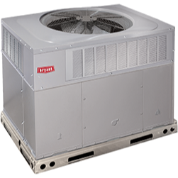 Gray Bryant rooftop HVAC unit with a fan on top.