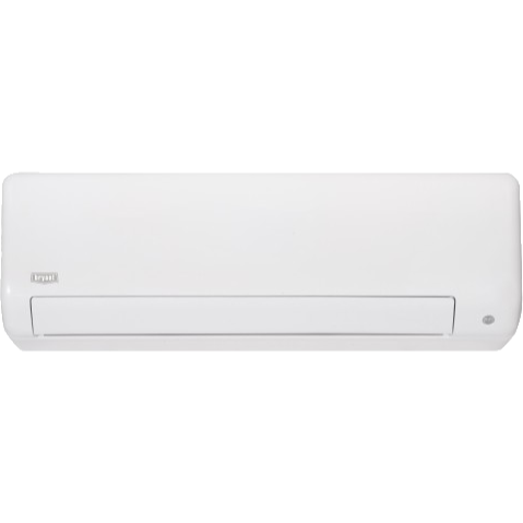 White, rectangular wall-mounted air conditioner unit. It has a small, illuminated power light.