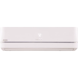 White, rectangular air conditioner mounted on a wall, displaying a temperature of 72.