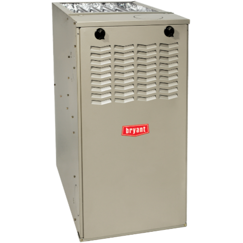 A Bryant gas furnace in a neutral color with two knobs, vents, and the brand's logo on the front.