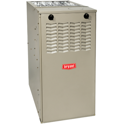 A beige Bryant gas furnace with vents, control knobs, and the brand logo.