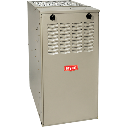 Tan Bryant gas furnace with vents, knobs, and a red logo.