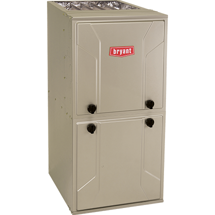 A Bryant furnace, beige, with a red logo, stands against a white background. It is a tall, rectangular unit.
