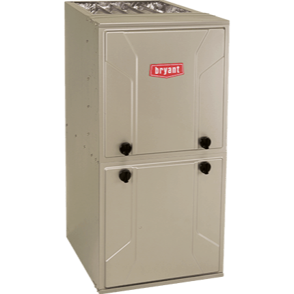 A beige Bryant furnace with a red logo. It has two access panels and is located indoors.