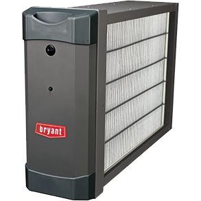 A Bryant air cleaner in a dark gray casing with a red logo, showing the filter on the right side.