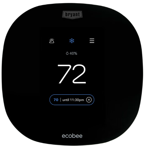 A black ecobee thermostat with the temperature set to 72 degrees. Displays the current humidity and program schedule.