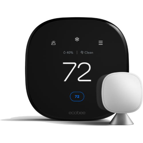 A black, rounded smart thermostat with a digital display showing 72 degrees. Includes a white sensor on a silver stand.