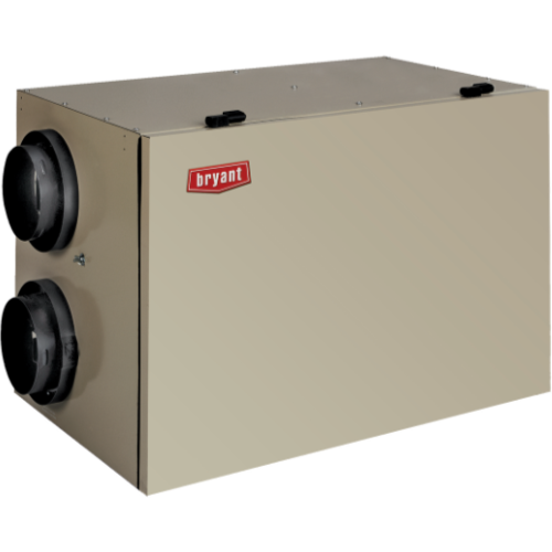 Tan Bryant brand heat recovery ventilator with two circular ducts on the left side.