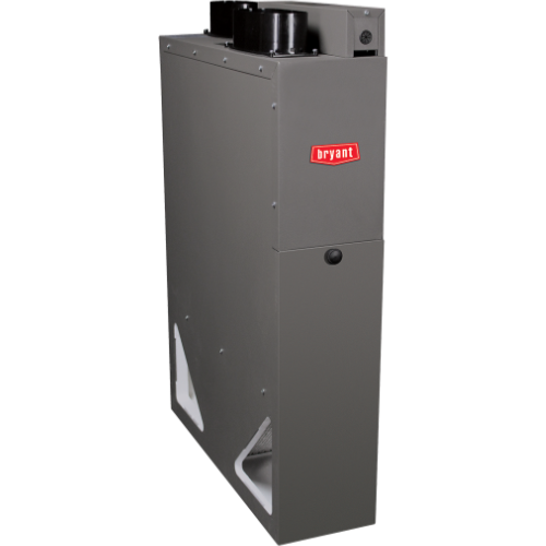 A vertical, gray Bryant furnace with black vents and a red logo.