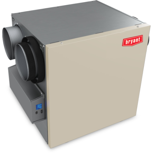 A beige Bryant brand energy recovery ventilator with gray duct connections. It has a digital display and the company logo.