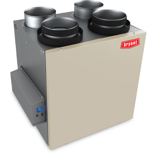 A beige Bryant brand heat recovery ventilator with four silver duct connections and a digital control panel on a gray base.
