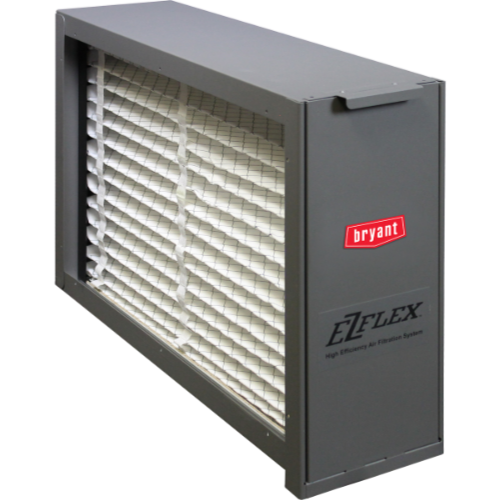 Gray Bryant EZ Flex air filter unit. Boxy shape with a filter visible through the open front, red Bryant logo.