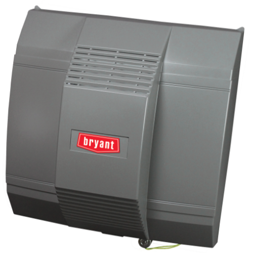 A gray Bryant humidifier mounted on a wall, with the brand logo on the front.