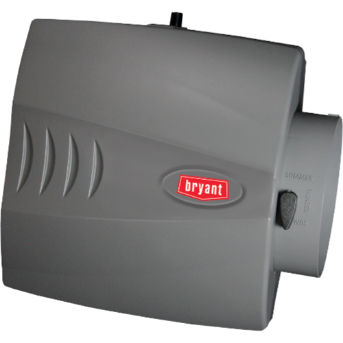 Gray Bryant whole-house humidifier mounted on a furnace duct. The unit has a control dial and air vents.
