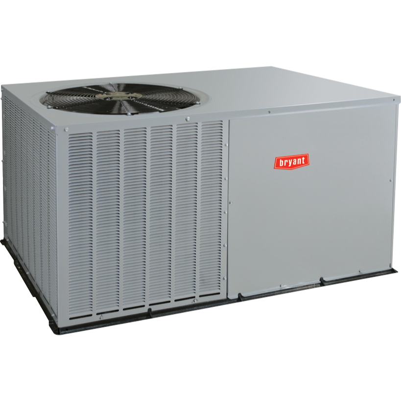 Gray Bryant air conditioning unit with a fan on top and a louvered side panel.