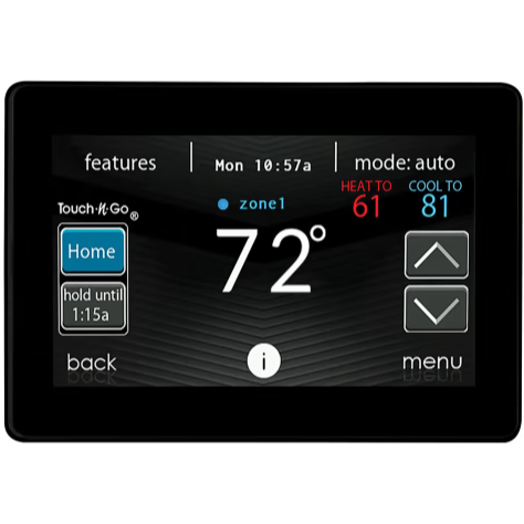 A black digital thermostat displaying the current temperature (72°), heating/cooling settings, and time. Includes buttons for home, features, and menu.
