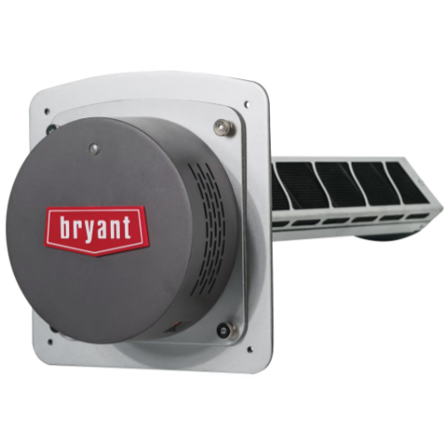A Bryant brand rooftop unit, a cylindrical, gray component with ventilation fins and the brand logo, connected to a rectangular panel with an air intake.