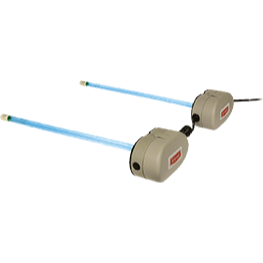 Two UV light sterilizers with blue glowing tubes, attached to gray control boxes.