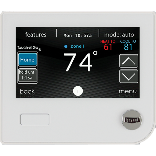 White Bryant thermostat with a black screen displaying the current temperature, set points, and operating mode.