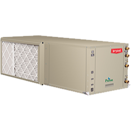 Beige Bryant Pulsaire furnace unit with filter and connections.