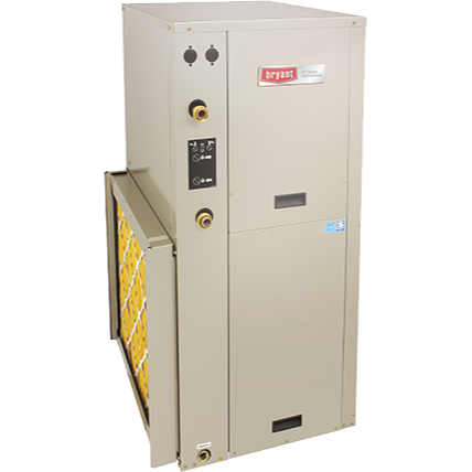A beige Bryant packaged heat pump unit with a filter visible on the side. It is indoors, likely in a mechanical room.