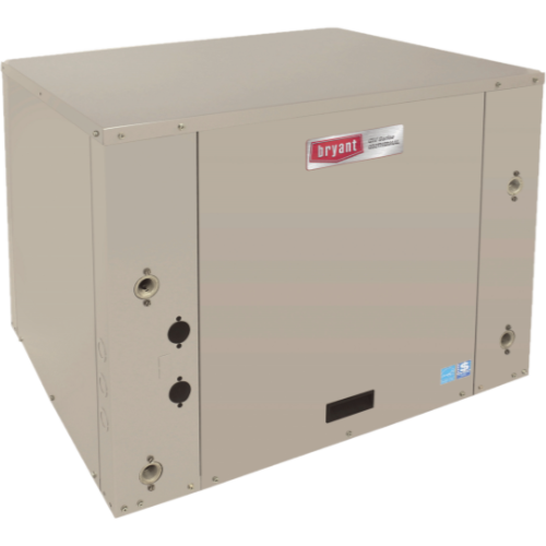 Tan Bryant air handler unit. It has a rectangular box shape with several connection ports on the side. The Bryant logo is visible.