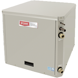 A beige Bryant heat pump unit. Rectangular with pipes and fittings on the side, a brand logo on the front, and a vent near the bottom.