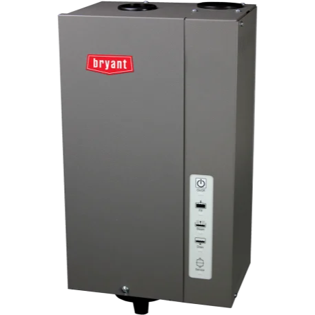 A Bryant wall-mounted, gray tankless water heater. It has a red Bryant logo and control buttons on the side.