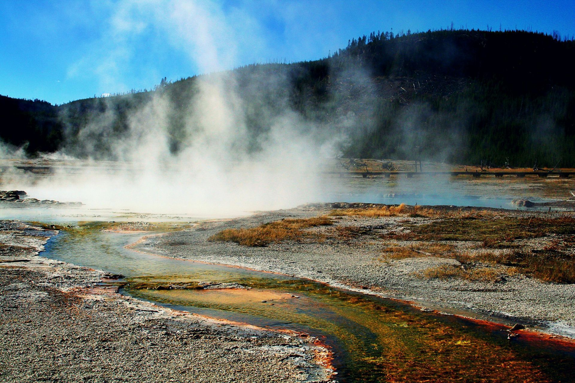 Steam rises from a geothermal area with colorful mineral deposits and a stream in the foreground, mountains in the background.