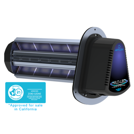A black and silver air purifier with exposed UV light tubes. It has a blue light indicator and a sticker that says “Approved for sale in California”.