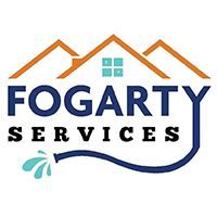 Logo for Fogarty Services: brown house icon, blue text, and a blue water hose curving under the word