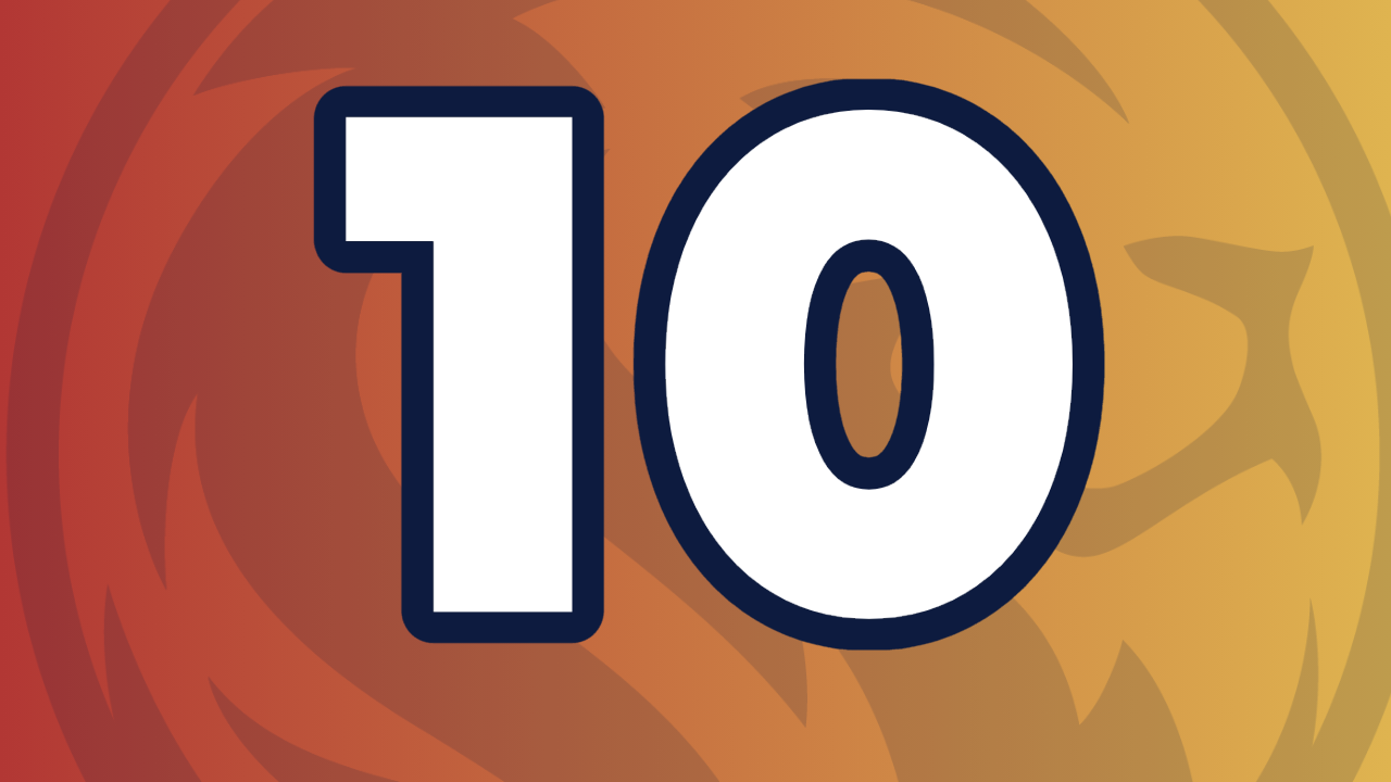 The number 10 in large white font with a dark blue outline, set against a warm, orange-toned gradient background.