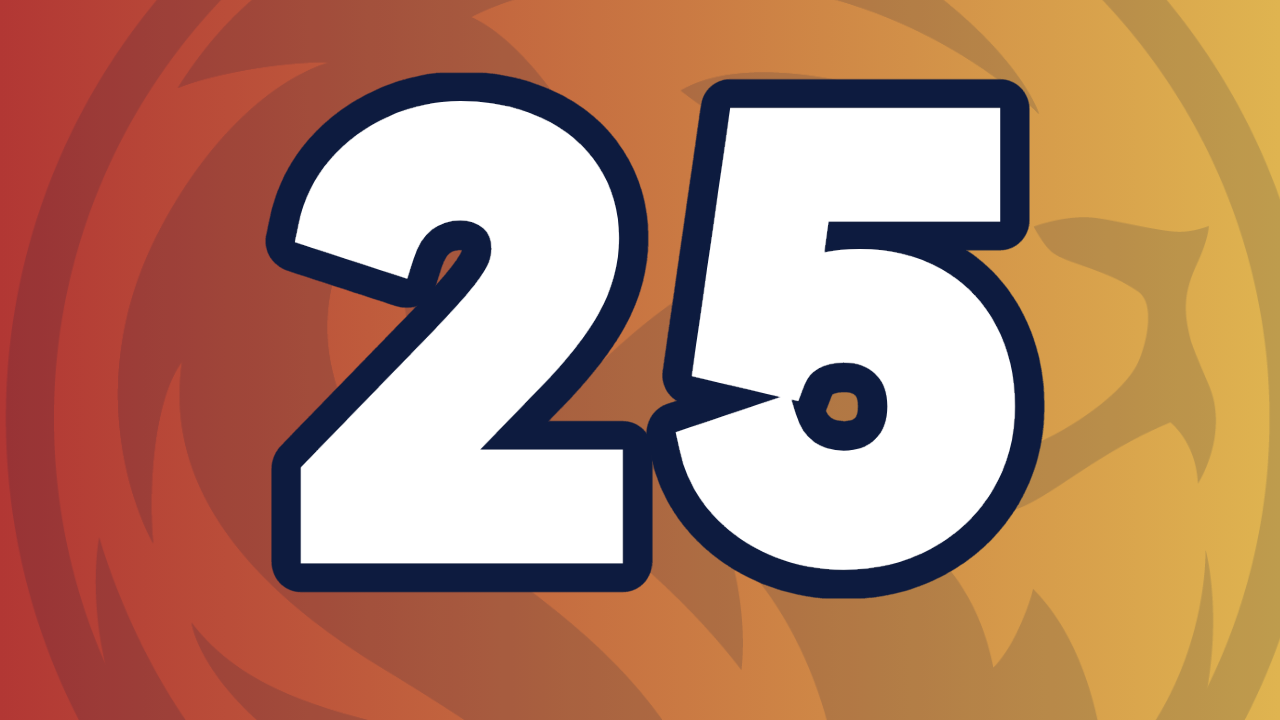 The number 25 in large white font with a dark blue outline, set against an abstract orange and yellow background.