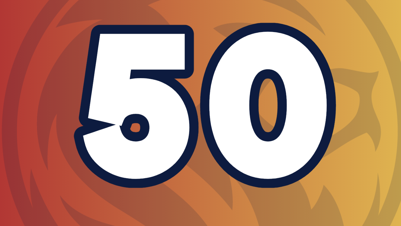 The number 50 in bold white font with a dark outline, set against a swirling orange and gold background.