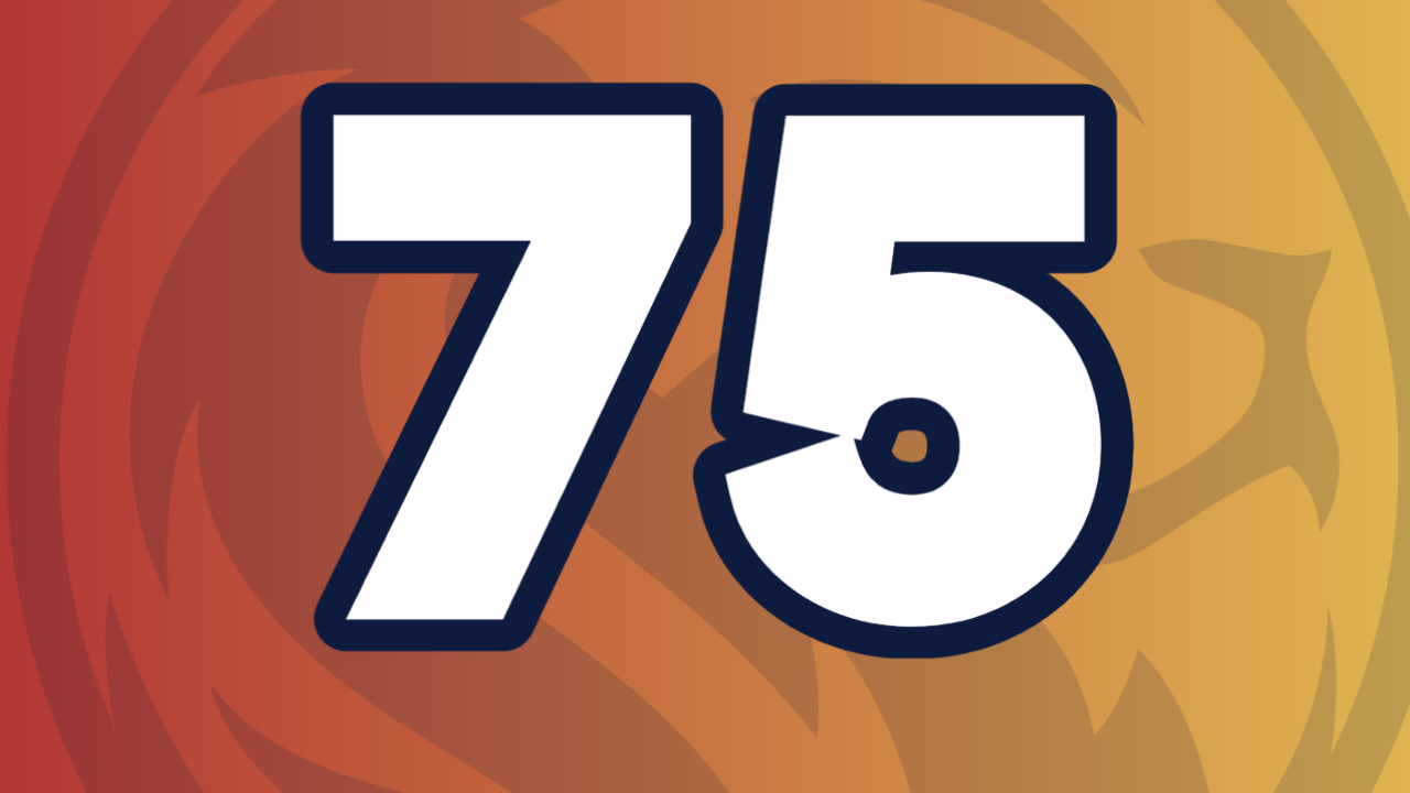 Large white text "75" with a dark blue outline, set against a background of blended red, orange, and yellow hues.