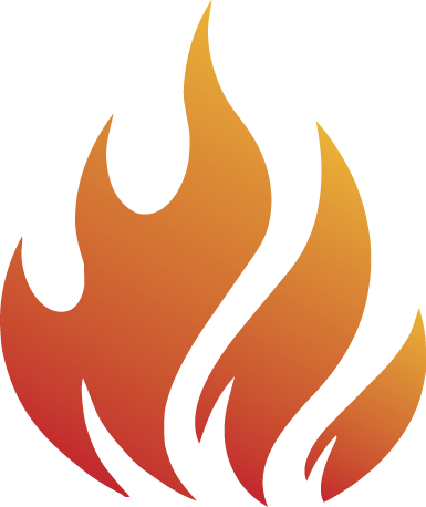 A stylized, graphic illustration of a flame in shades of orange and red against a white background.