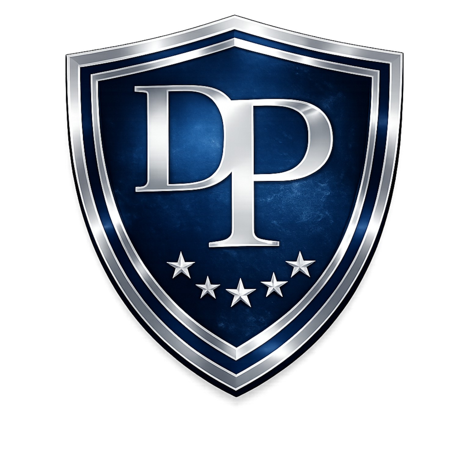 A metallic silver shield with a blue textured background, featuring the letters "DP" and five stars arranged in an arc below.