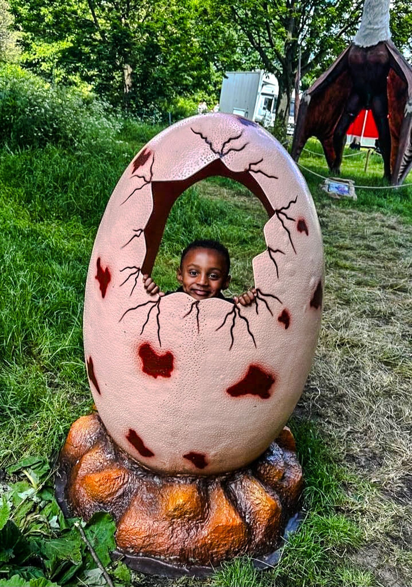 A child is sitting inside of a dinosaur egg.