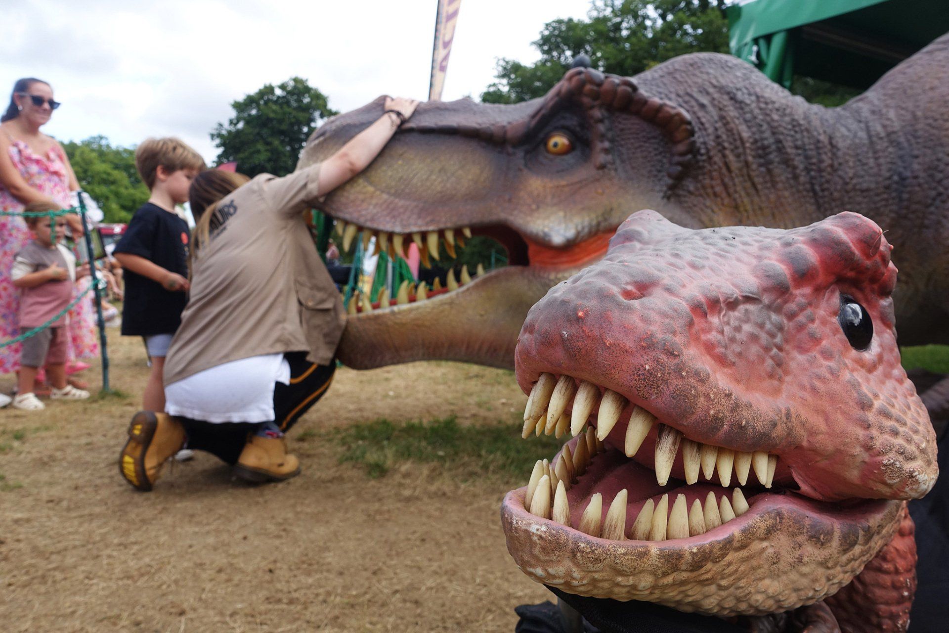 A woman is kneeling down next to a dinosaur model.