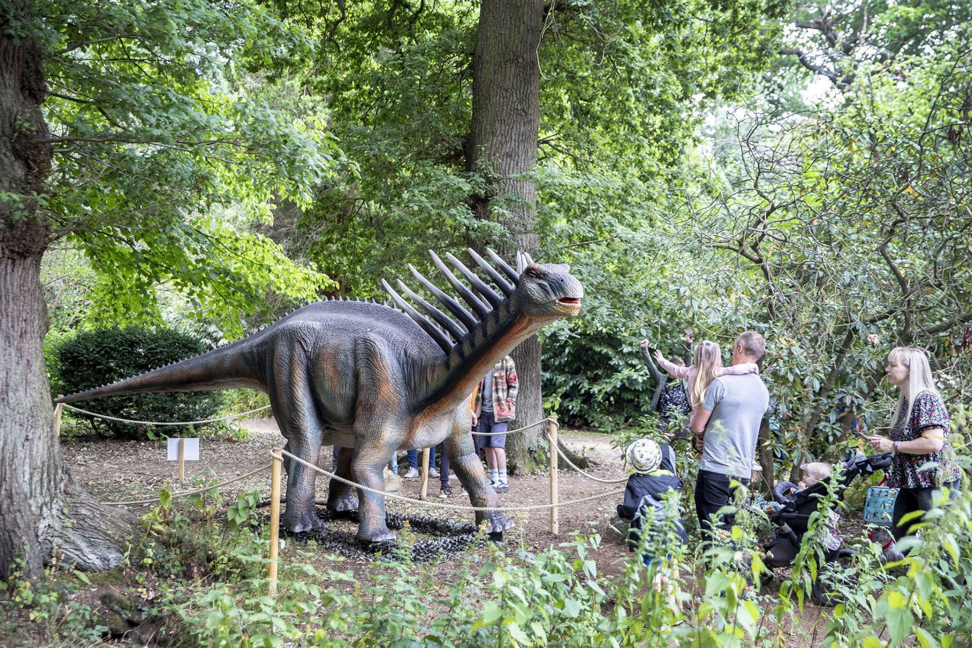 A group of people are standing around a dinosaur statue in the woods.