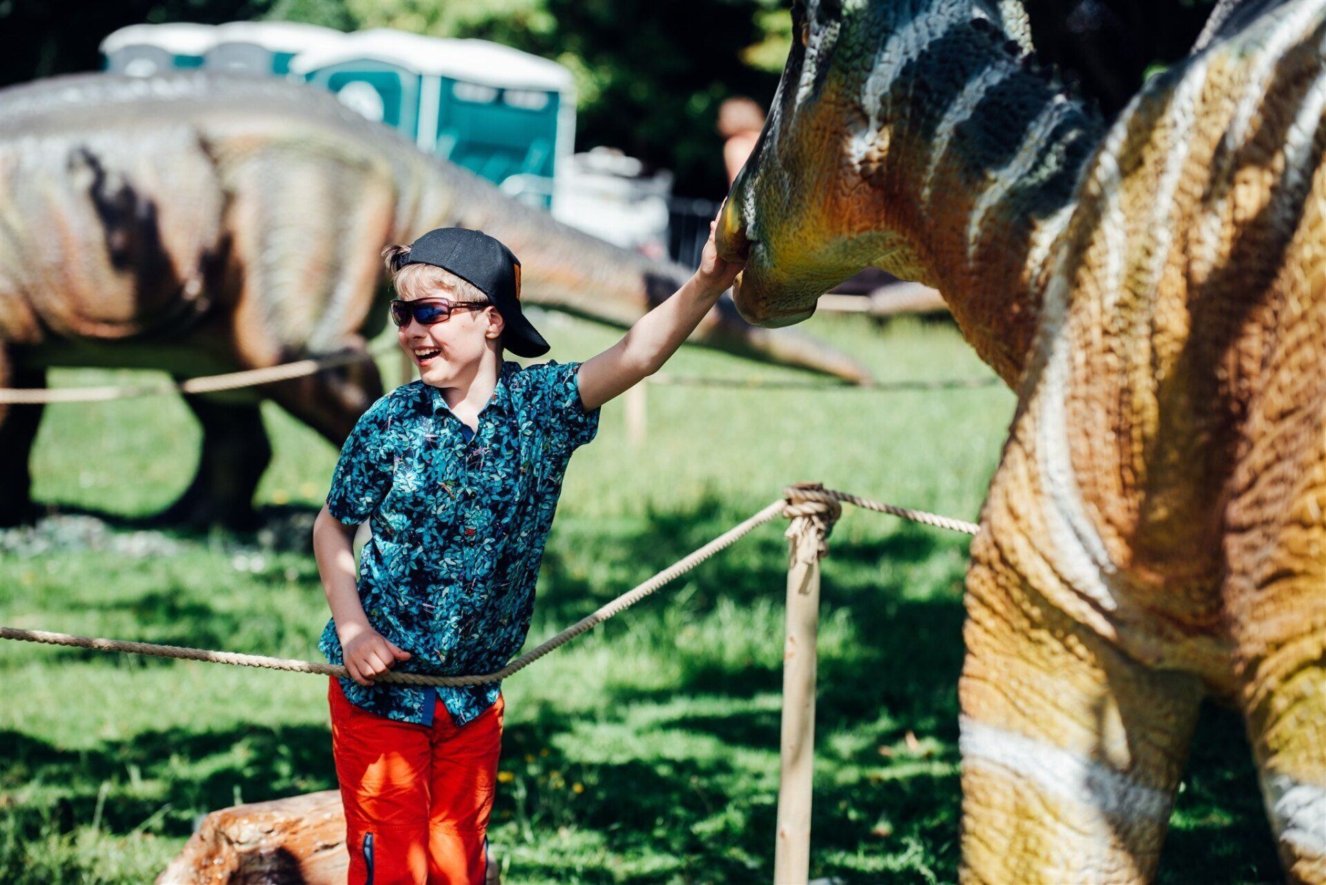A young boy is petting a dinosaur statue in a park.
