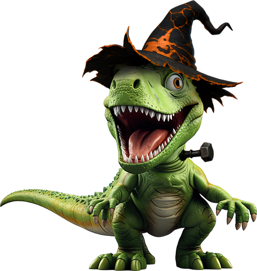 Green dinosaur in witch hat with a Frankenstein bolt in its neck; smiling.