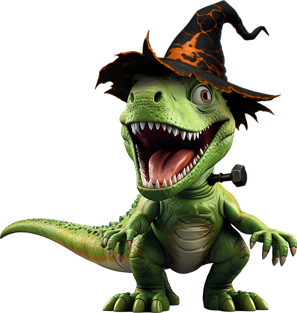 Green dinosaur in witch hat with a Frankenstein bolt in its neck; smiling.