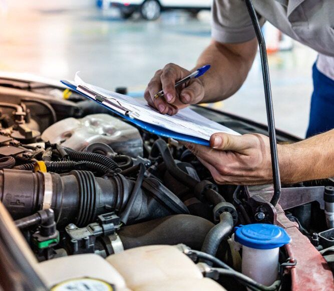 A Man is Writing on a Clipboard While Looking Under the Hood of a Car — Zilzie Workshop In Emu Park, QLD