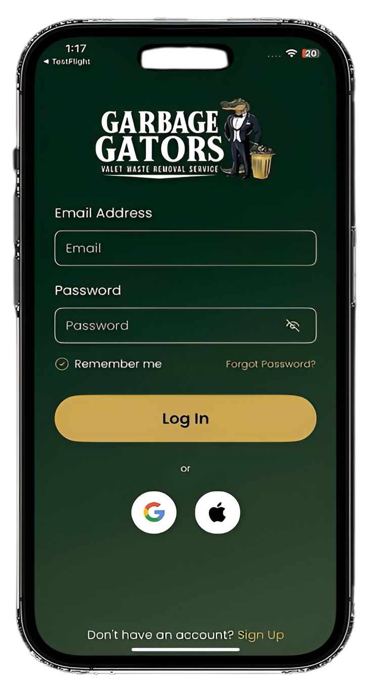 Mobile app login screen: Garbage Gators logo, email and password fields, login button, Google/Apple login options.