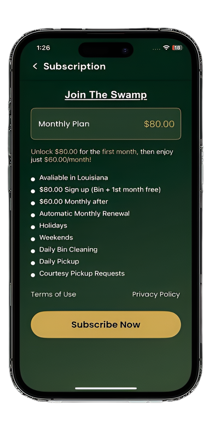 A smartphone displaying a subscription screen. The screen is dark green with text describing the