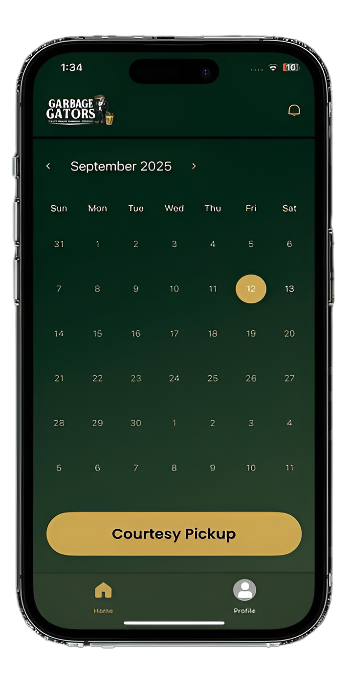 Mobile app screen displaying a calendar with the current date highlighted; offers courtesy pickup.
