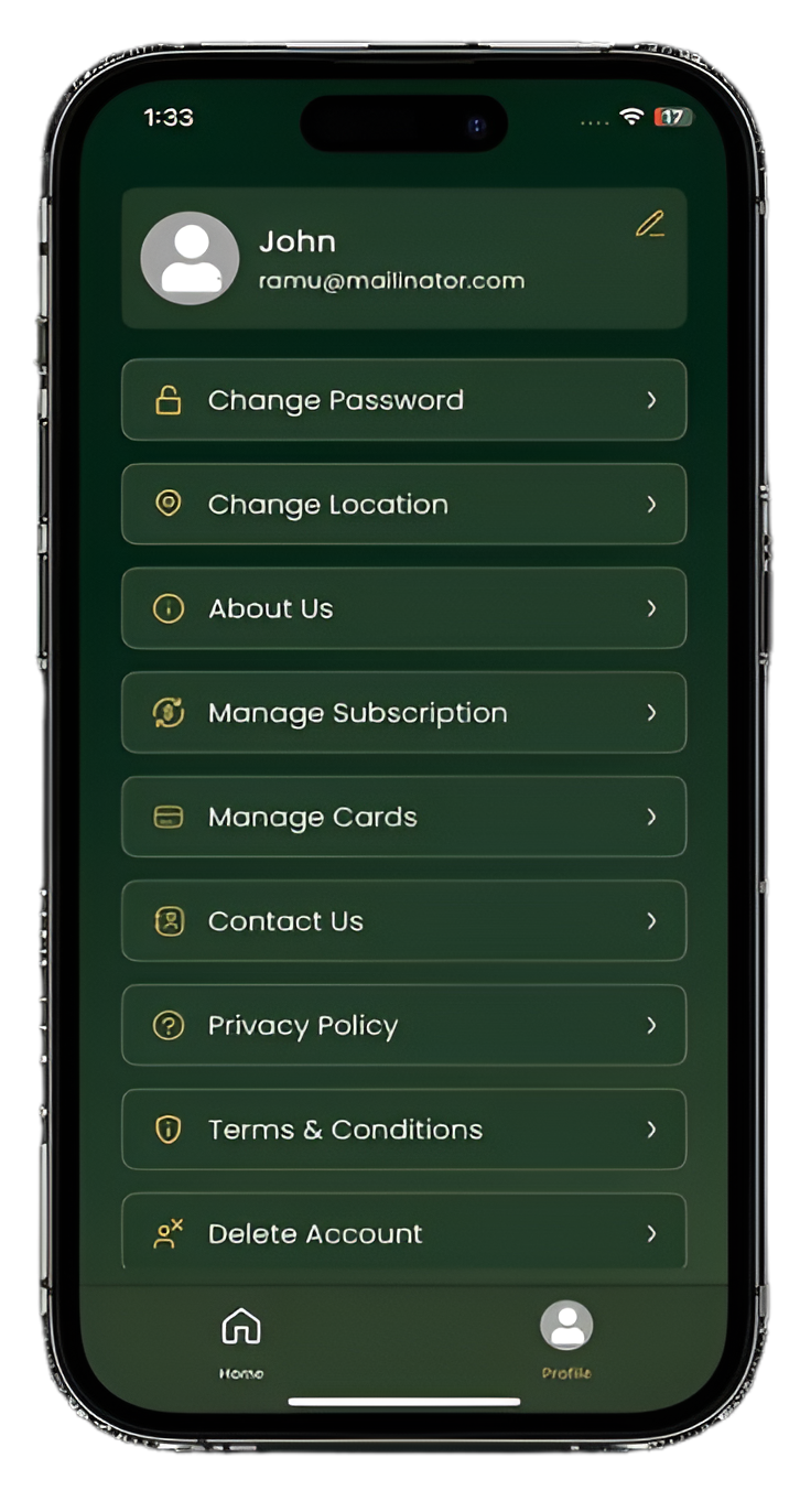 A mobile app profile screen. Green background with options like